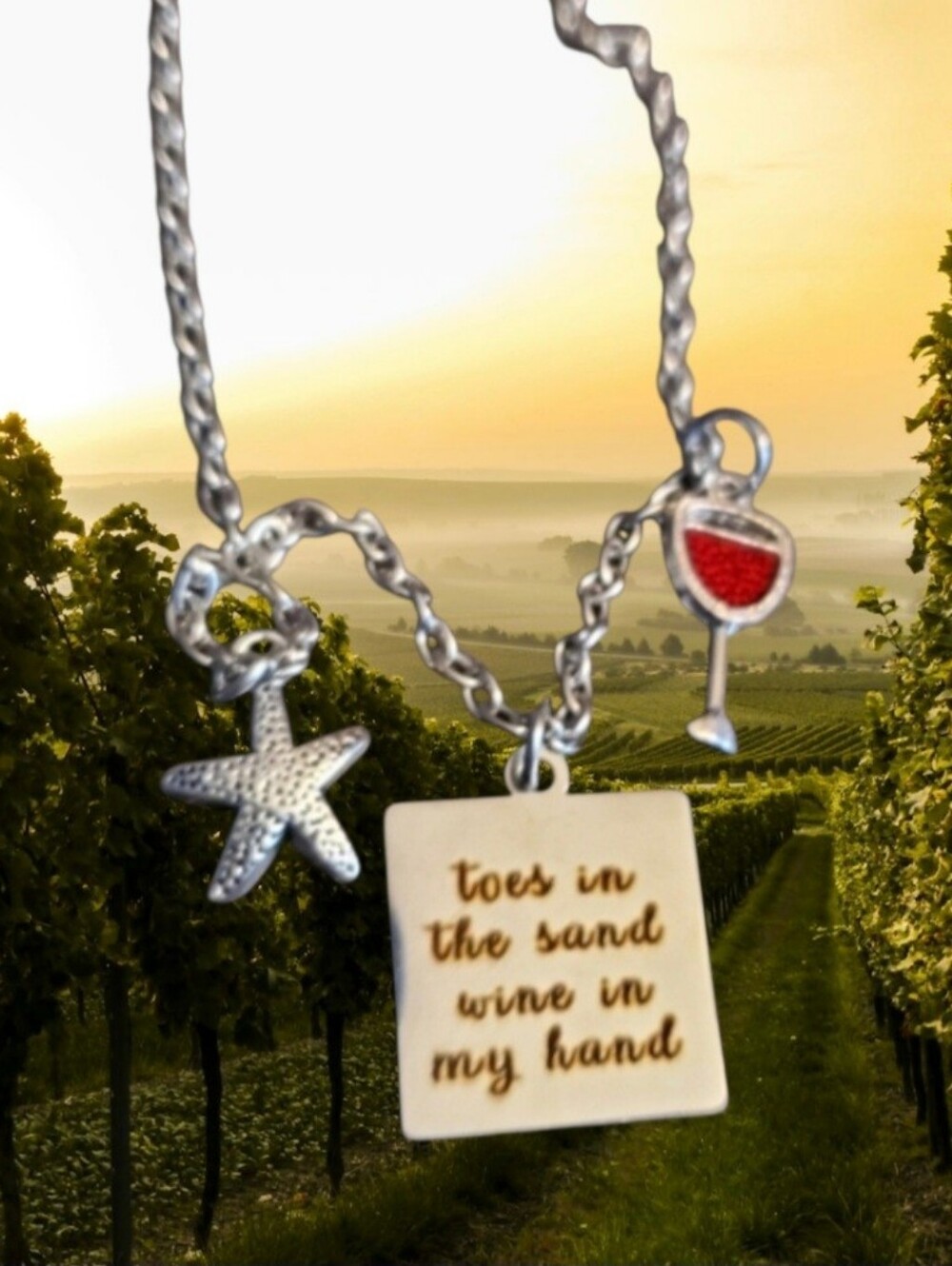 Toes in the sand Wine in my hand Silver tone Charm Necklace